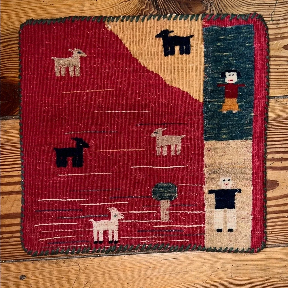 Antique Persian Iran Woven Tapestry Wool Rug Cushion with Animal Design Gabbeh